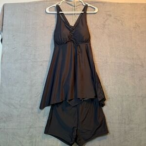 NWT Womens Black V-Neck Ruched Bust Adjustable Straps Tankini Swimdress 14W